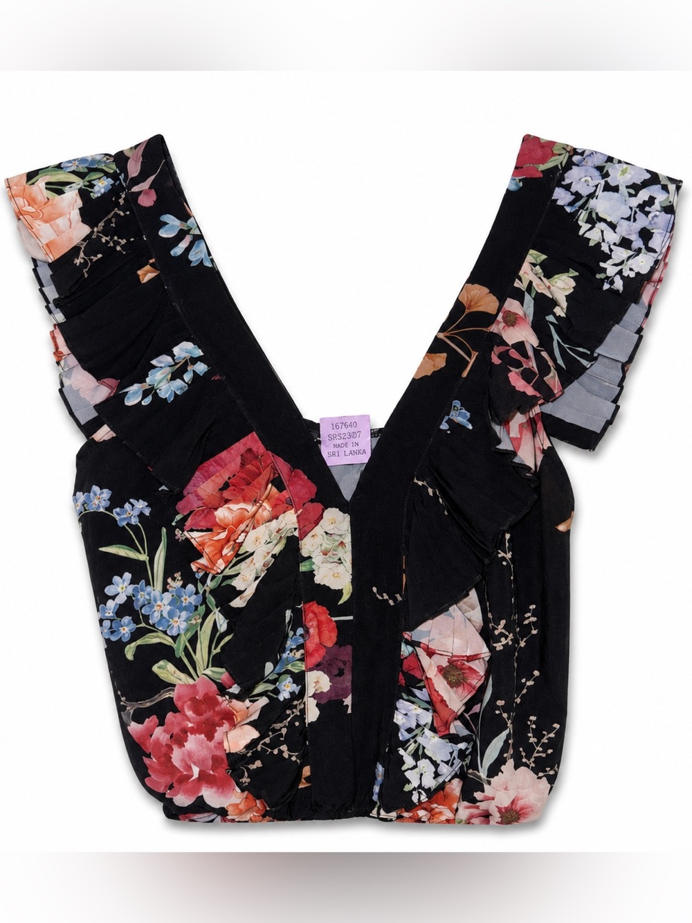 Black Floral Ruffle V-Neck Crop Top - Women's